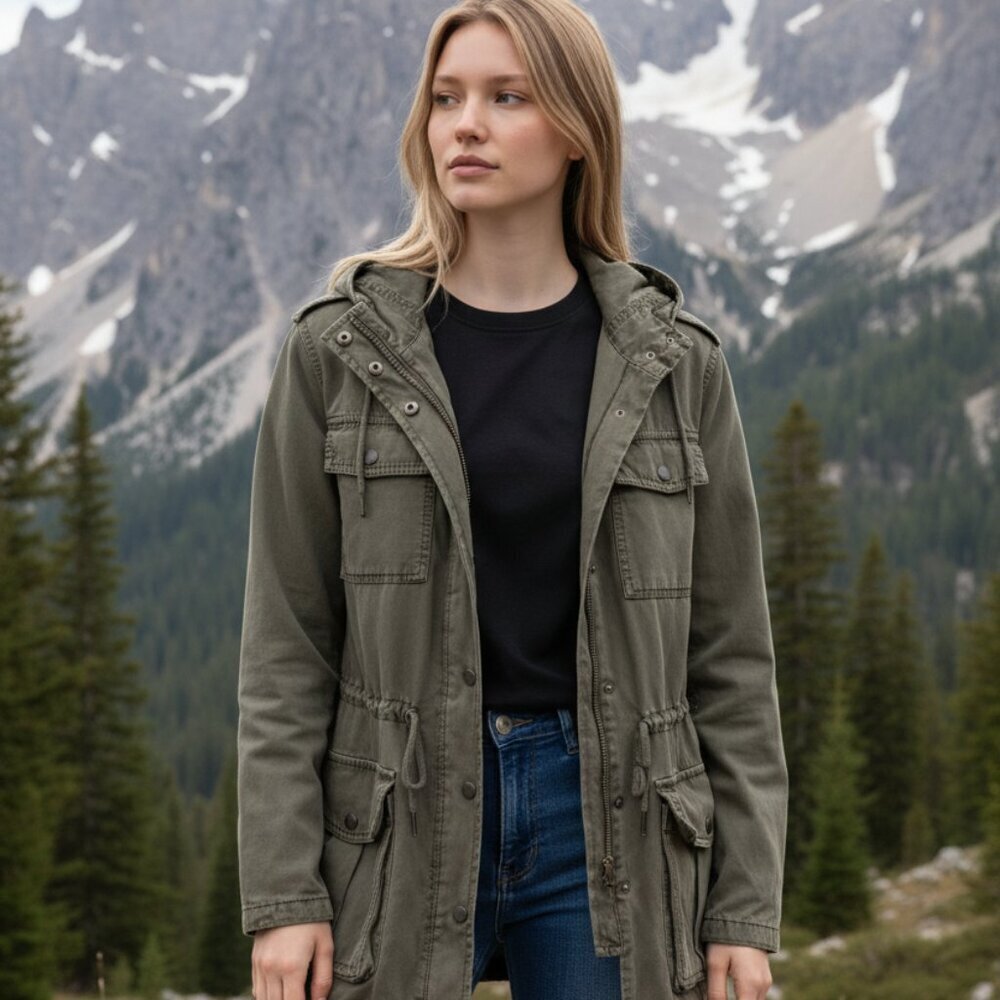 Talula Aritzia Utility Anorak Jacket Hooded Drawstring Olive Green Small Cotton - Picture 2 of 16